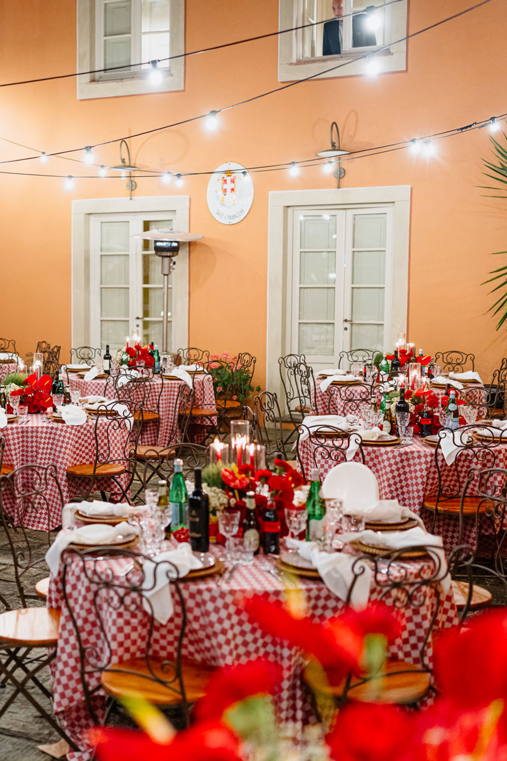 Red floral table decor Pizza Party luxury wedding Tuscany
