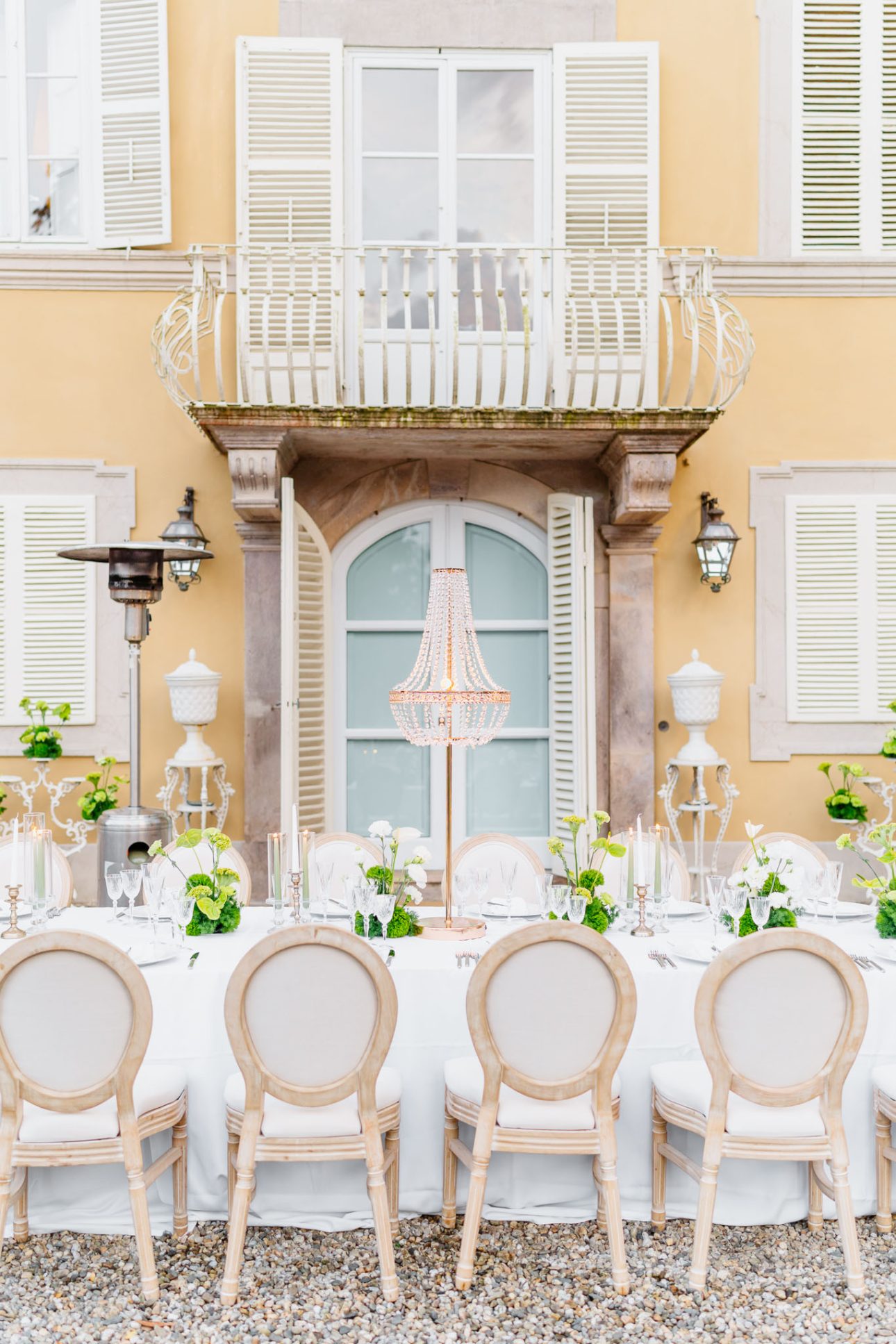 Elegant wedding setup in Tuscan villa garden